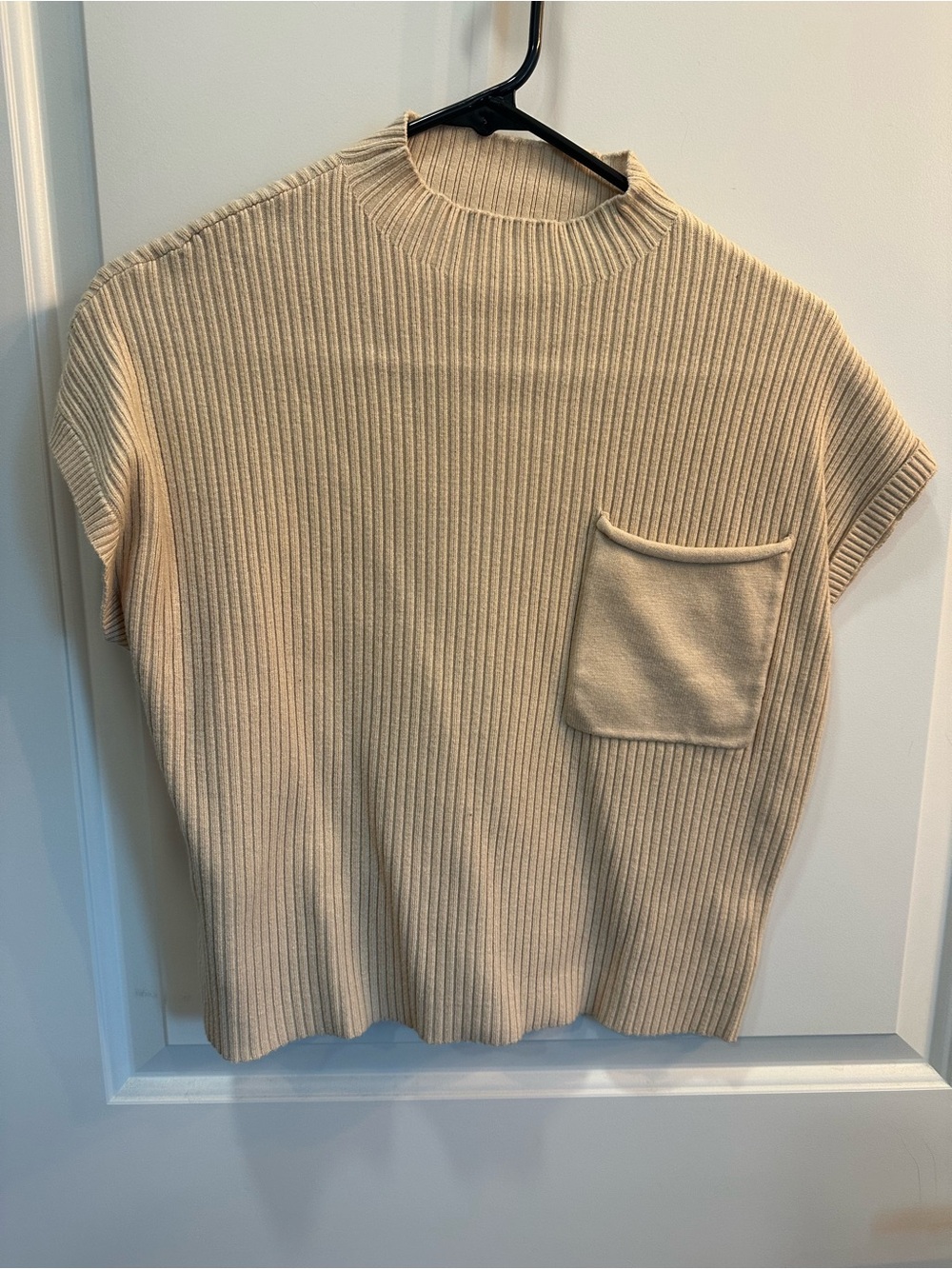 Amazon Ribbed Mock Neck Short Sleeve Top in Beige